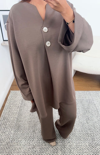 taupe coord with gold buttons- julia - Fash Focused