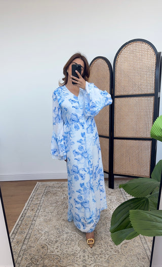 Blue floral printed dress- hana - Fash Focused