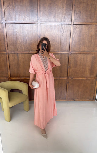 Coral embroidered tie waist dress- nerja