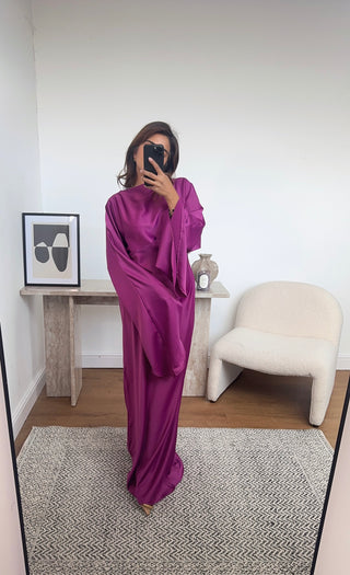 magenta long flare sleeve fishtail dress- dion - Fash Focused