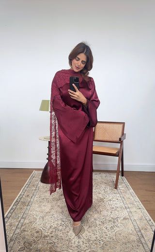 Burgandy satin dress with lace scarf - malika - Fash Focused