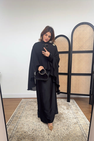 black pleated cape dress Black Pleated Cape Sleeve Dress