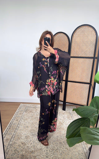 Black floral chiffon silk coord- Nita - Fash Focused