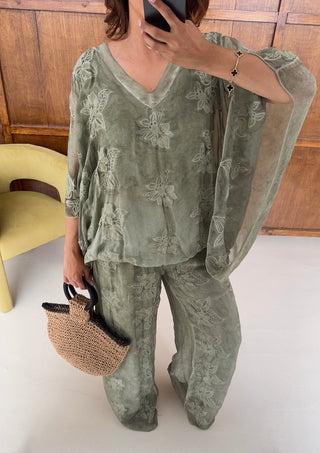 Sage embroidered chiffon silk coord- laya