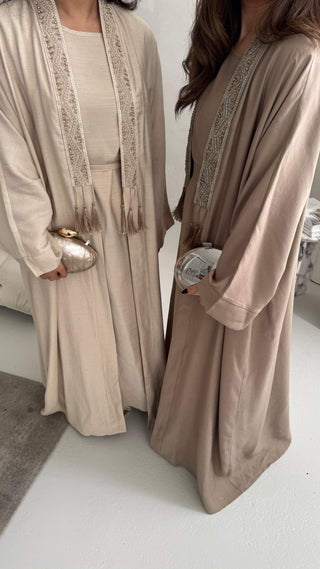 Cream two piece abaya with embellished details- deema - Fash Focused