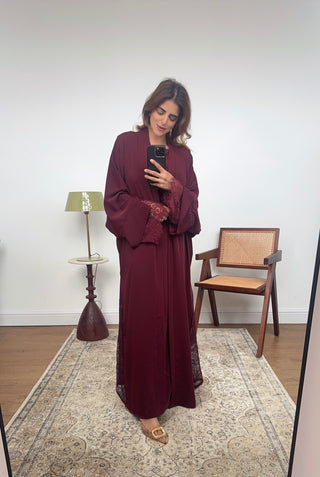 Burgandy lace detail kimono two piece - amani - Fash Focused