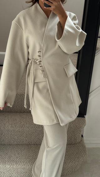 Cream belted jacket- elise - Fash Focused