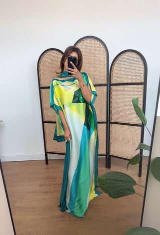 Lime mosaic kaftan with scarf- faria