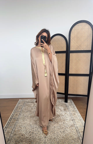 Beige kaftan dress with gold tassel- caia - Fash Focused