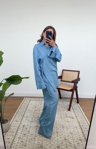 Light Blue collar denim look wrap over coord- liliana - Fash Focused