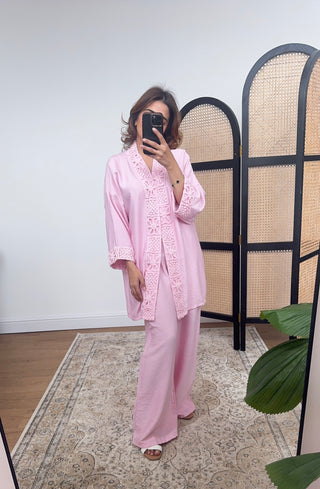 Pink crochet kimono coord - abia - Fash Focused