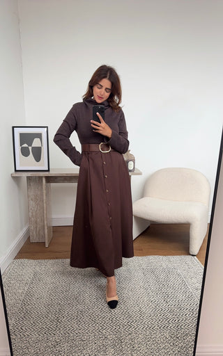 Dark coco High neck dress with a belt- giana - Fash Focused