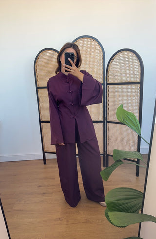 Plum pearl button and wide trouser set- manai