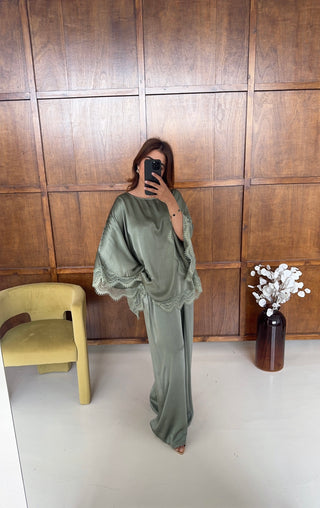 sage silk blend lace trim coord set-suela