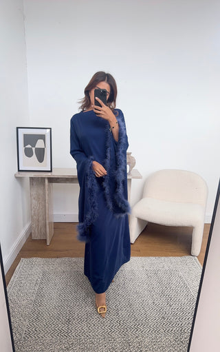 Navy faux feather dress- tina - Fash Focused