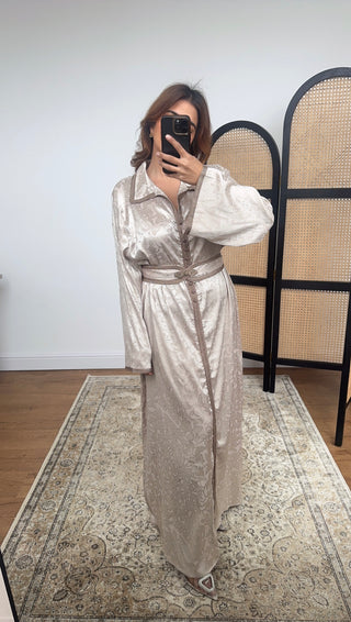 Cream jacquard satin dress with belt- lamar - Fash Focused