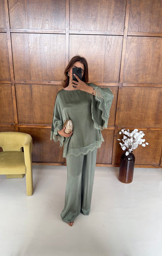 sage silk blend lace trim coord set-suela