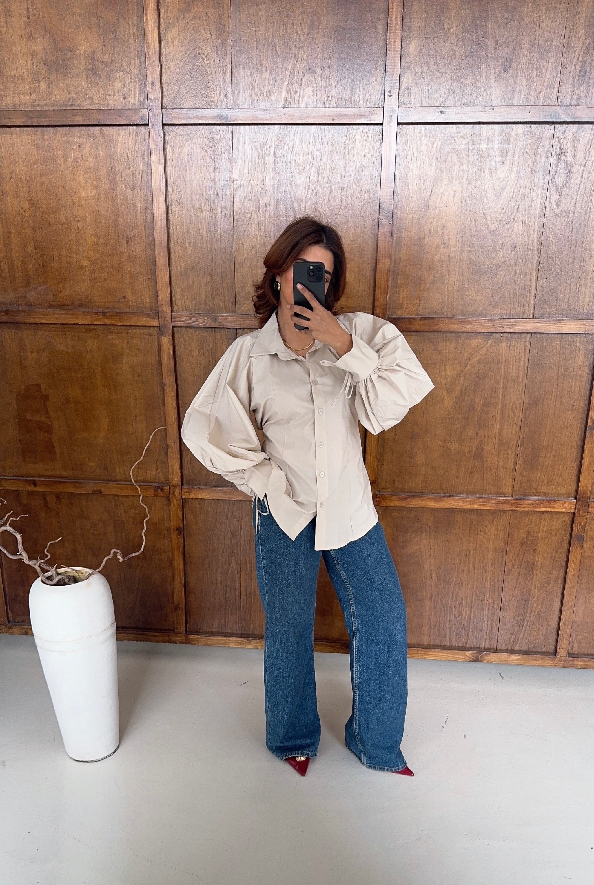 Beige voluminous sleeve back tie shirt- rara