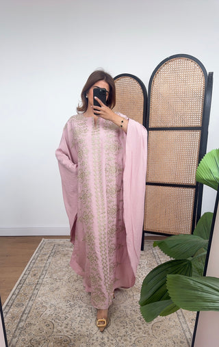 Pink kaftan with gold embroidery- naila - Fash Focused