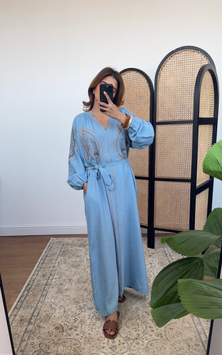 Blue dress with embroidery and a belt- triana - Fash Focused