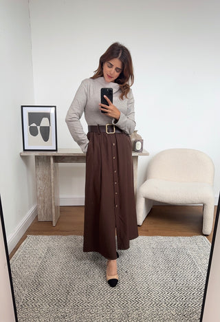 Cream/coco High neck dress with a belt- giana - Fash Focused