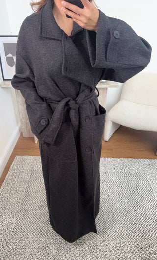 black funnel neck coat with a belt- fana - Fash Focused