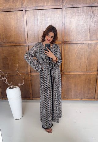 Black Zigzag crochet kimono with belt- sahi - Fash Focused