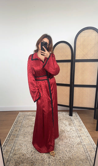 Wine jacquard satin dress with belt- lamar - Fash Focused