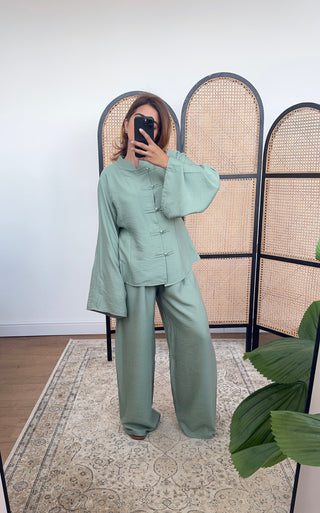Olive pearl button and wide trouser set- vana