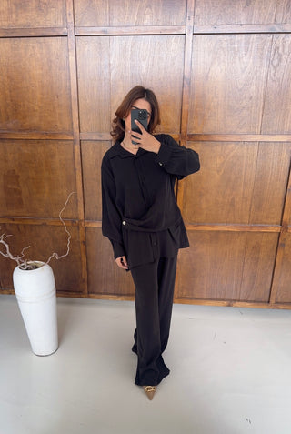 Black shirt coord with gold buttons- venezia - Fash Focused