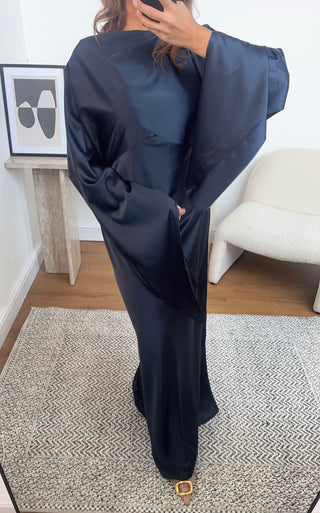 navy long flare sleeve fishtail dress- dion - Fash Focused