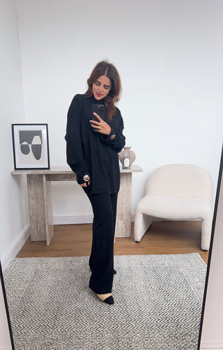 Black knit coord with gold button- kai - Fash Focused