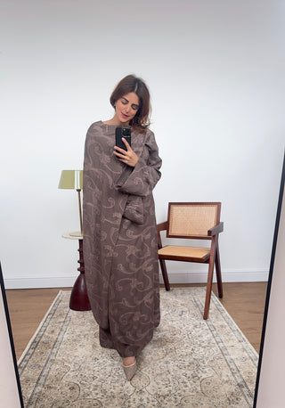 Taupe drape scarf printed dress- lana - Fash Focused