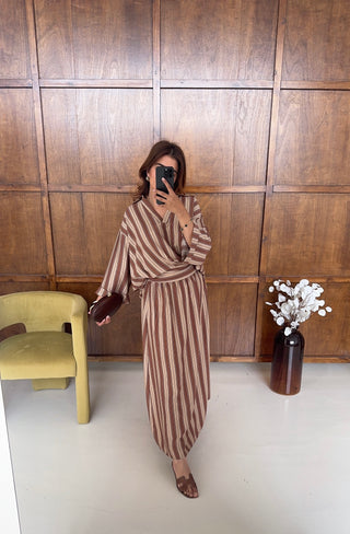 Brown two piece stripe skirt set- tabia