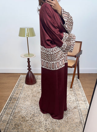Burgandy embroidered two piece abaya set- mina - Fash Focused
