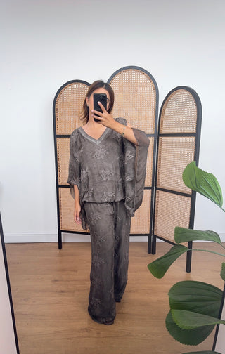 Charcoal embroidered chiffon silk coord- laya