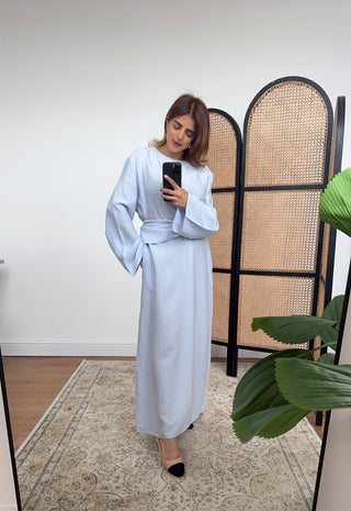 Powder blue linen mix dress with belt- naria - Fash Focused