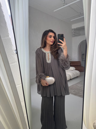 Grey pearl muse set with feather sleeves- jumana - Fash Focused