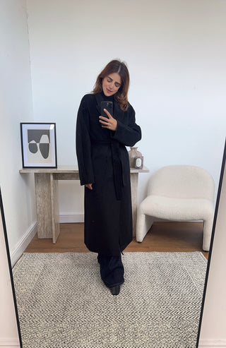 black handmade wool belted coat- marli - Fash Focused