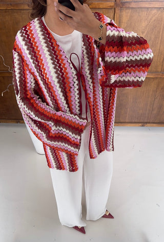 Pink Zigzag crochet kimono with tie- azura - Fash Focused