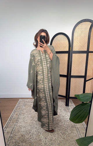 Olive kaftan with gold embroidery- naila - Fash Focused