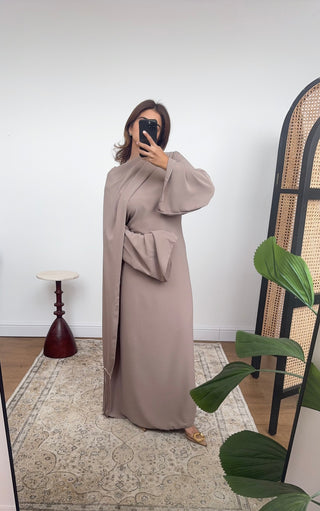 Taupe fringe cape dress- elara