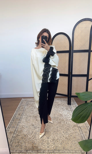 Ivory/ black scarf top with lace detail- lana - Fash Focused
