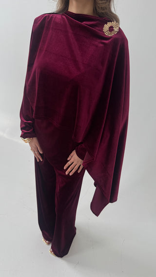 Burgandy velvet scarf coord with gold brooch- nura - Fash Focused