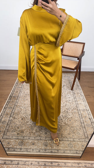 Gold mustard dress with lace detail- elara