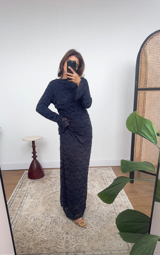 Navy fully lined lace ruched dress- alana - Fash Focused