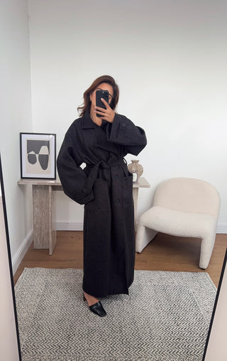 black funnel neck coat with a belt- fana - Fash Focused