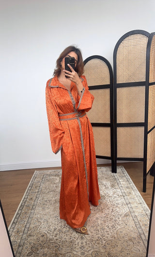 Orange jacquard satin dress with belt- lamar - Fash Focused