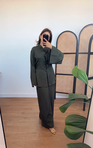 Olive pearl button and wide trouser set