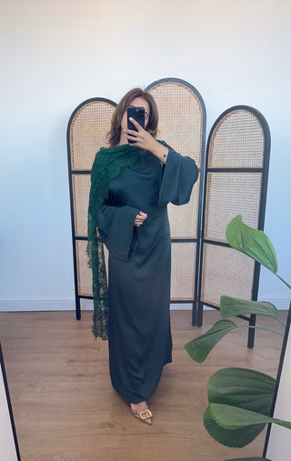 Emerald satin dress with lace scarf - malika